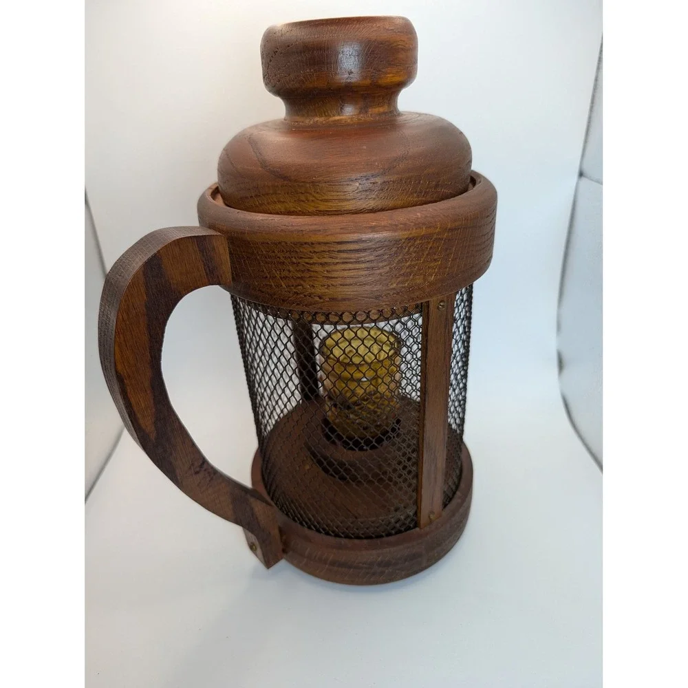 Vintage Rustic Wood Mesh Lantern Amber Glass Votive Candle Holder with Handle